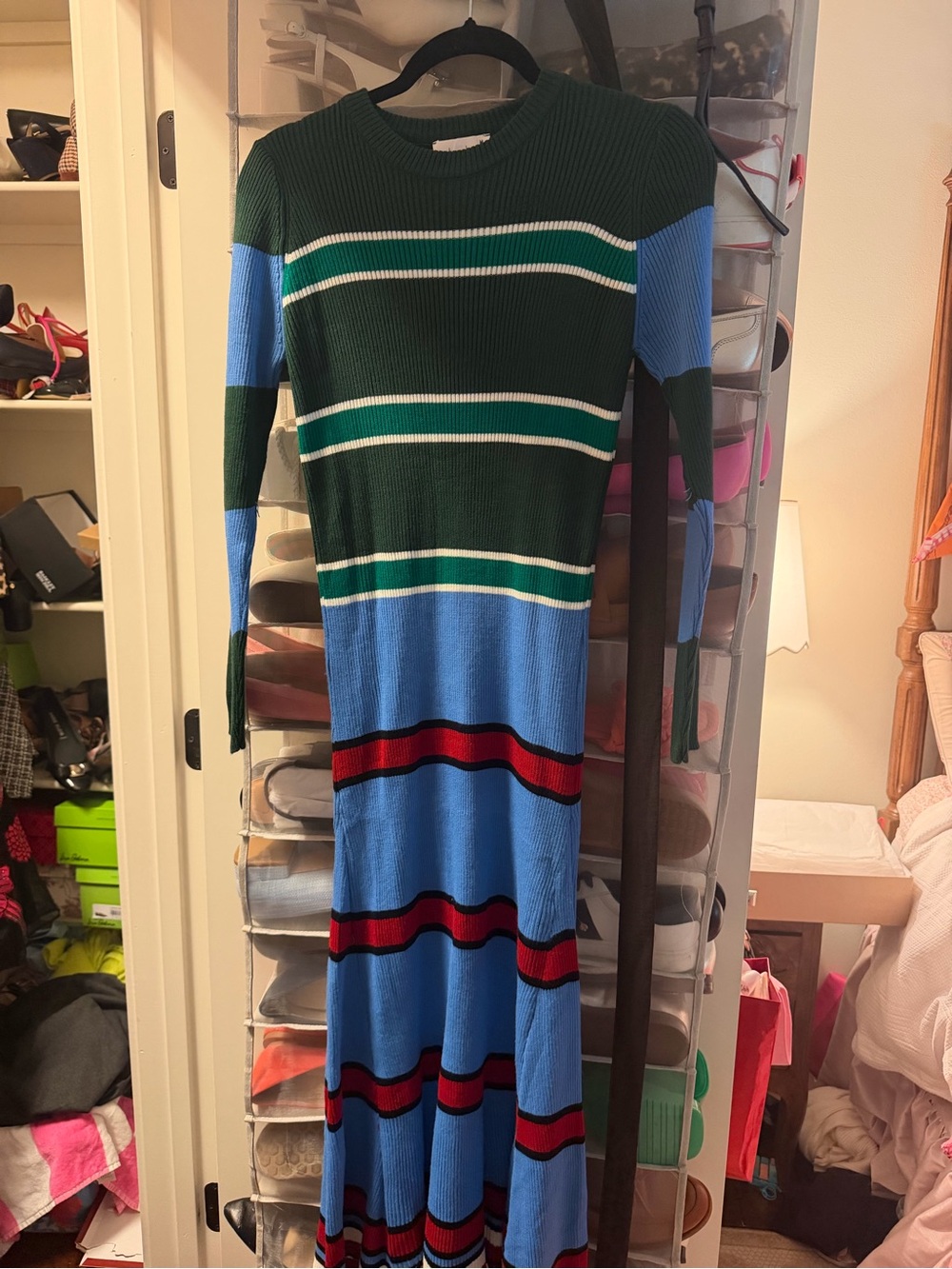 Boutique Long Sleeve Striped Maxi Dress in Green, Blue & Red